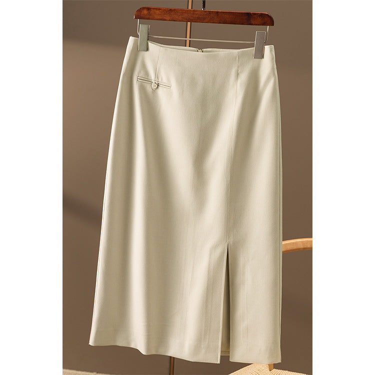 Women Tailored Midi Skirt with High Waist, Decorative Welt Pocket and Front Slit Mune Fashion