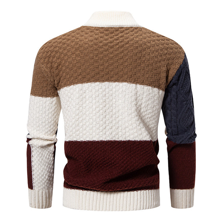 Men's knitted pullover with structured patchwork, high collar and combined knit patterns Mune Fashion