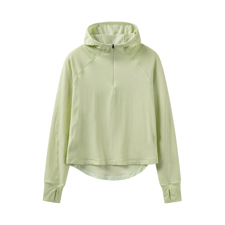 Women’s Hooded Half-Zip Pullover with Waffle-Lined Inner Hood, Thumbholes, and Extended Back Partie Mune Fashion