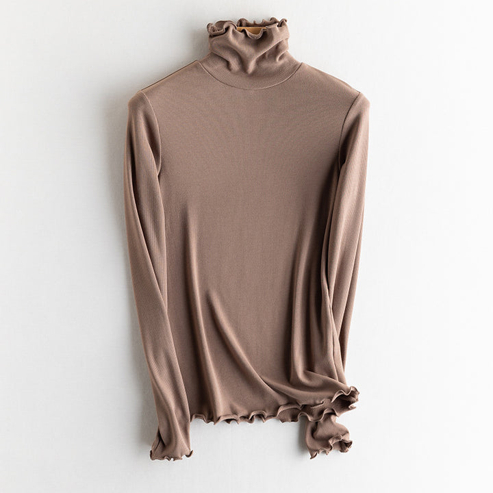 Women Fine Rib Long Sleeve Shirt with Turtleneck and Ruffle Edges Mune Fashion