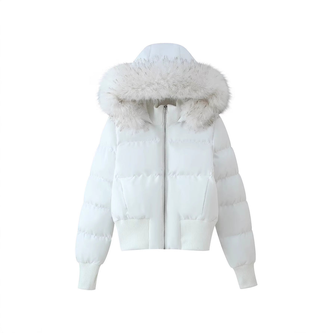 Women's Padded Cropped Bomber Jacket with Hood and Removable Faux Fur Trim Mune Fashion