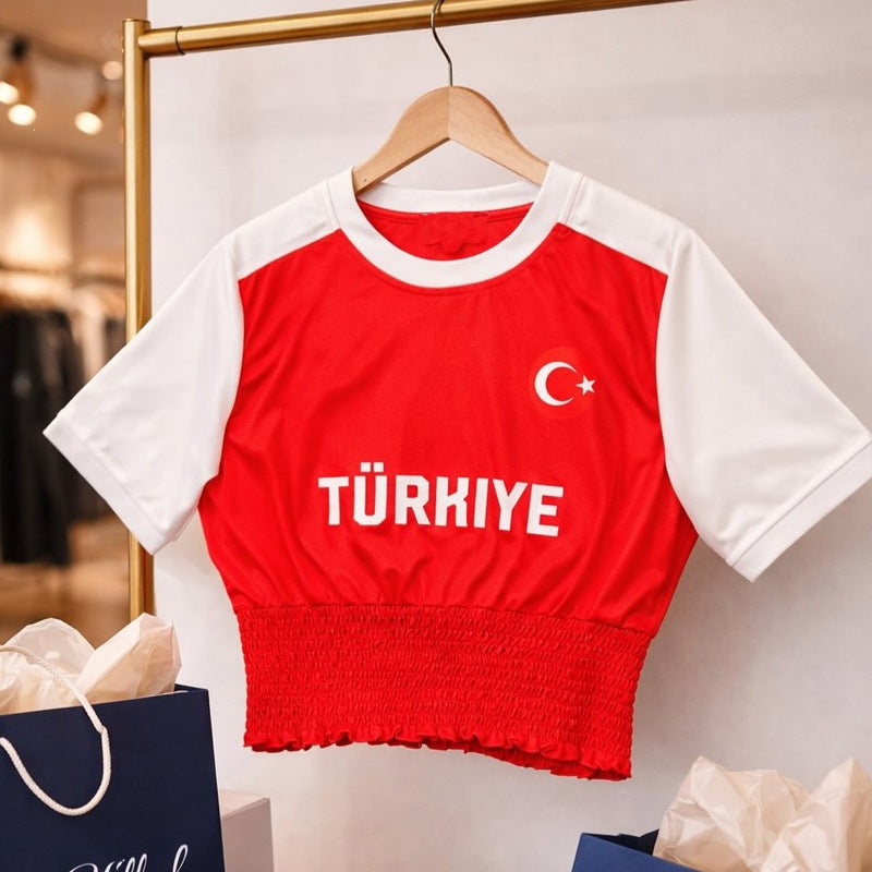 Women's sporty crop top with gathered waistband and Germany motif Mune Fashion