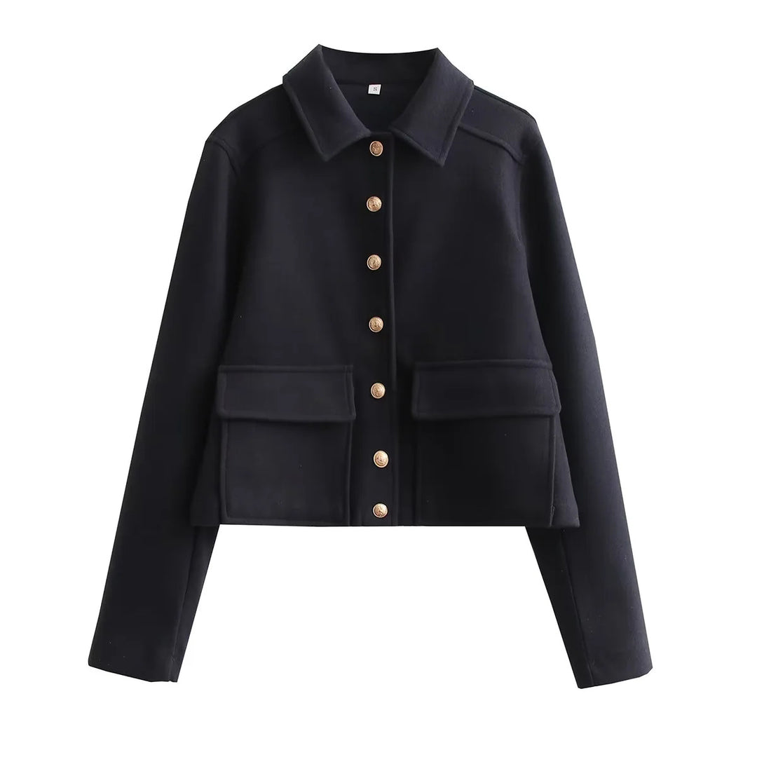Women's short wool blend overshirt with flap pockets and decorative button placket Mune Fashion