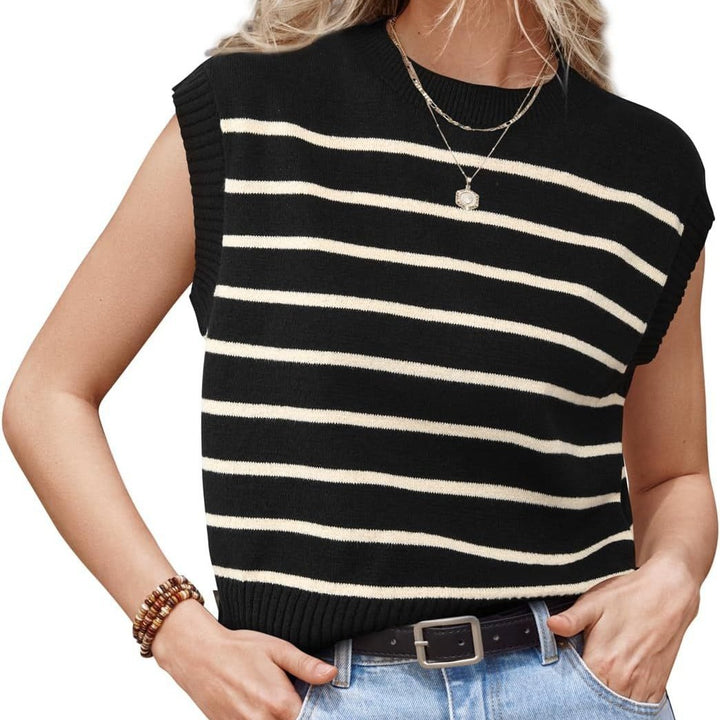 Women's Striped Fine Knit Vest with Round Neckline and Dropped Shoulder Mune Fashion