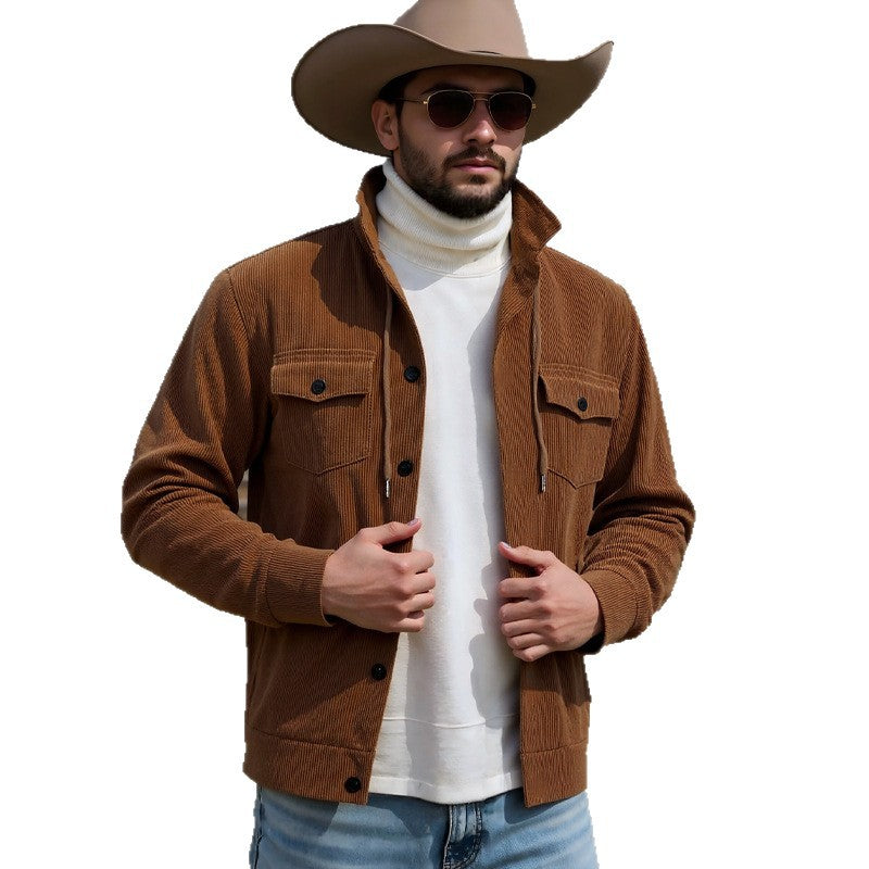 Men's knitted corduroy overshirt jacket with hood, breast pockets and continuous button placket Mune Fashion