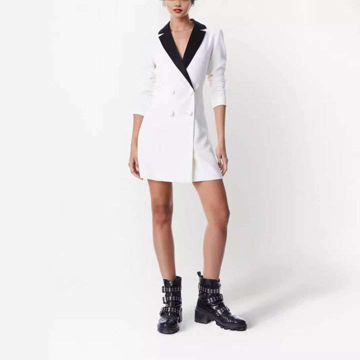 Women Double-Breasted Blazer Dress-Mini Dress with Contrast Shawl Collar Mune Fashion