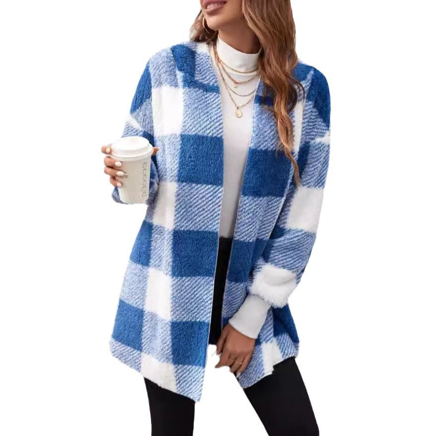 Women's checked teddy coat with large lapel collar and ribbed cuffs Mune Fashion