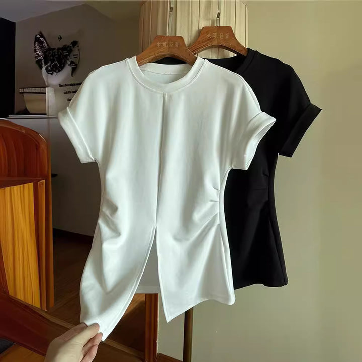 Women Short-Sleeved Structured Jersey Shirt with Waist Gatherings and Front Slit Mune Fashion
