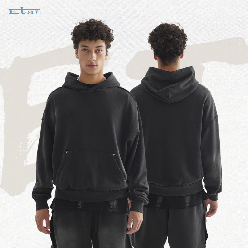 Unisex Oversized Hoodie with Frayed Hem, Kangaroo Pocket and Washed Bleach Effect Mune Fashion