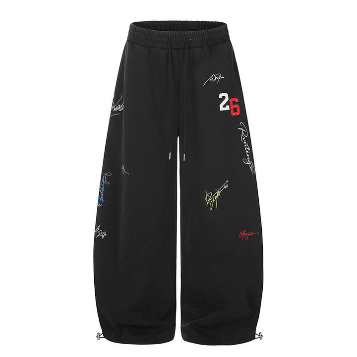 Women's Extra Wide Palazzo Sweatpants with Drawstring Waist, Embroidery Details, and Adjustable Hem