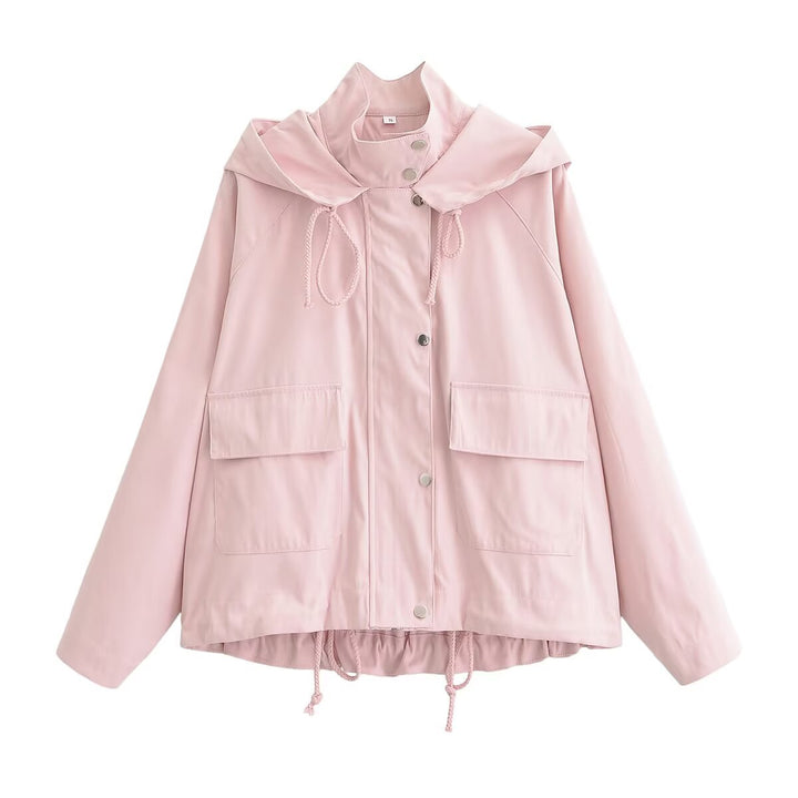 Women's Short Water-Repellent Hooded Jacket with Drawstring, Snap Button Placket, and Flap Pockets Mune Fashion