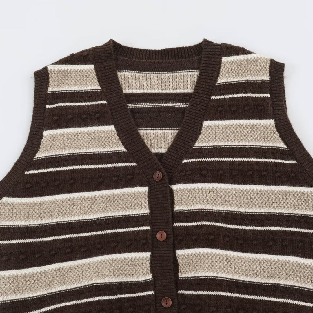 Women's fine knitted vest with V-neck, textured stripes and button placket Mune Fashion
