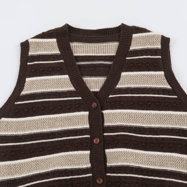 Women's fine knitted vest with V-neck, textured stripes and button placket Mune Fashion