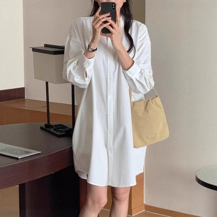 Women's Wide Cotton Shirt Dress with Stand Collar, Oversized Cut and Rounded Hem Mune Fashion