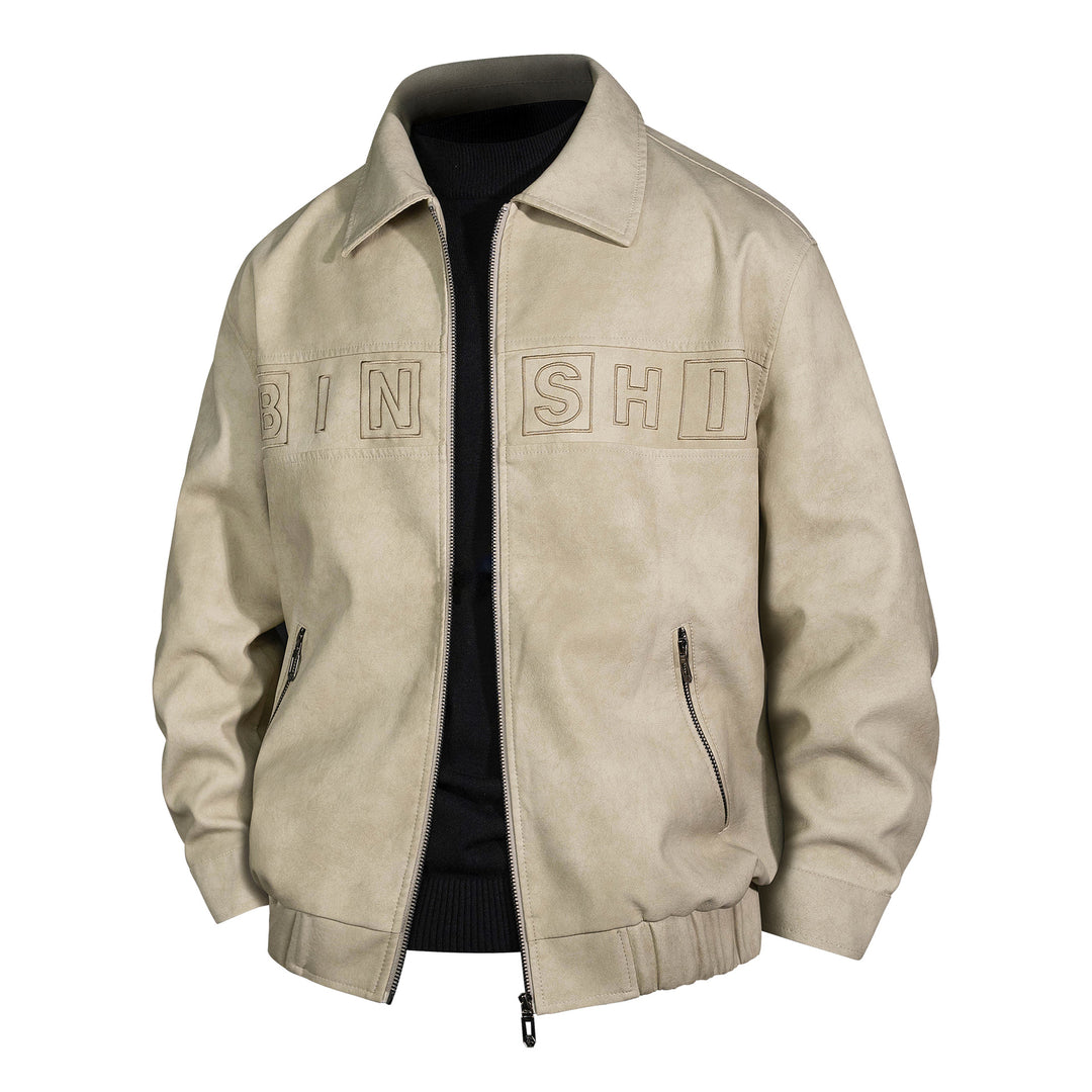 Men's Suede Look Bomber Jacket with Applied Logo and Zipper Mune Fashion