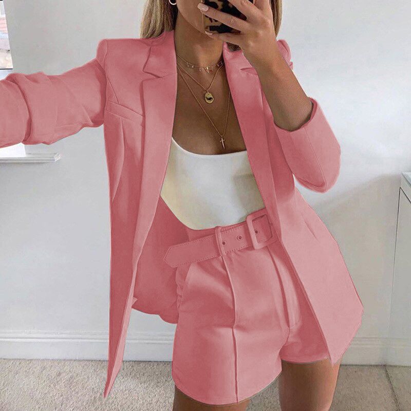 Women's Tailored Longline Blazer with High-Waisted Belt Shorts Set Mune Fashion