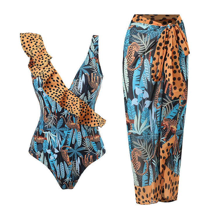 Women's one-piece swimsuit with playful ruffle design and floral wrap skirt Mune Fashion