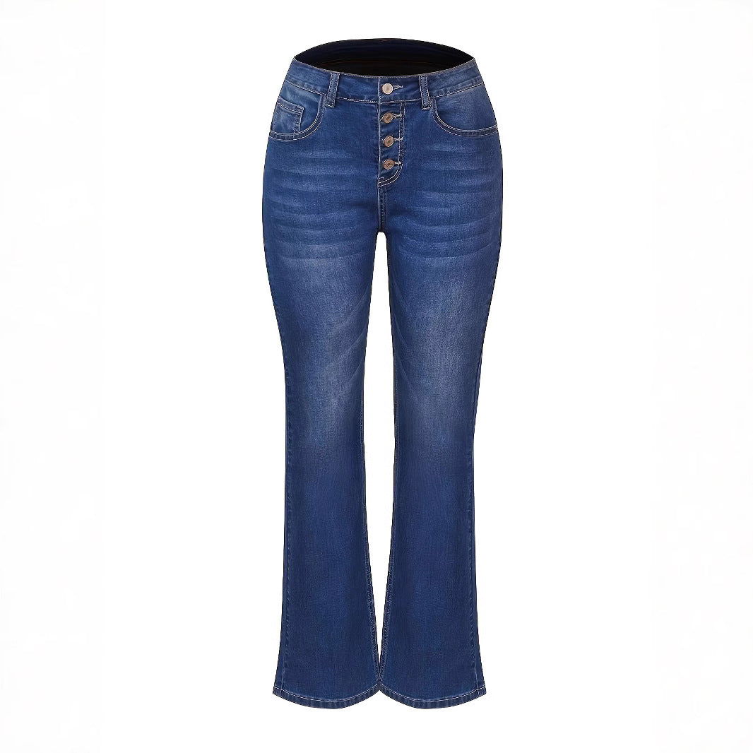 Women High-Waisted Button-Fly Flared Jeans with Sculpting Center Seam Mune Fashion