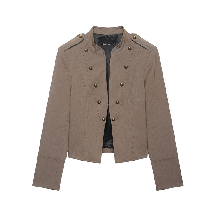 Women short blazer in field jacket style with stand-up collar, decorative button rows and shoulder epaulettes Mune Fashion