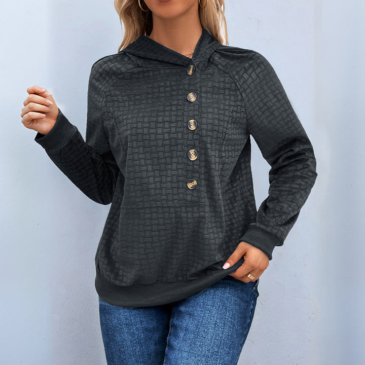 Women's Textured Hooded Henley Sweater with Button Placket and Kangaroo Pocket Mune Fashion