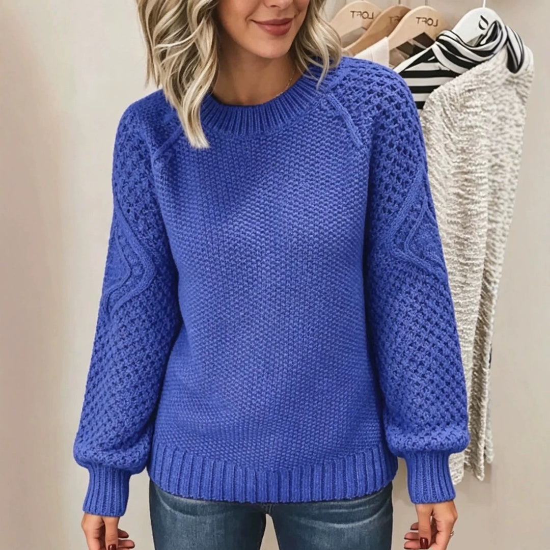 Women Chunky Knit Crew Neck Sweater with Openwork and Cable Knit Sleeves Mune Fashion