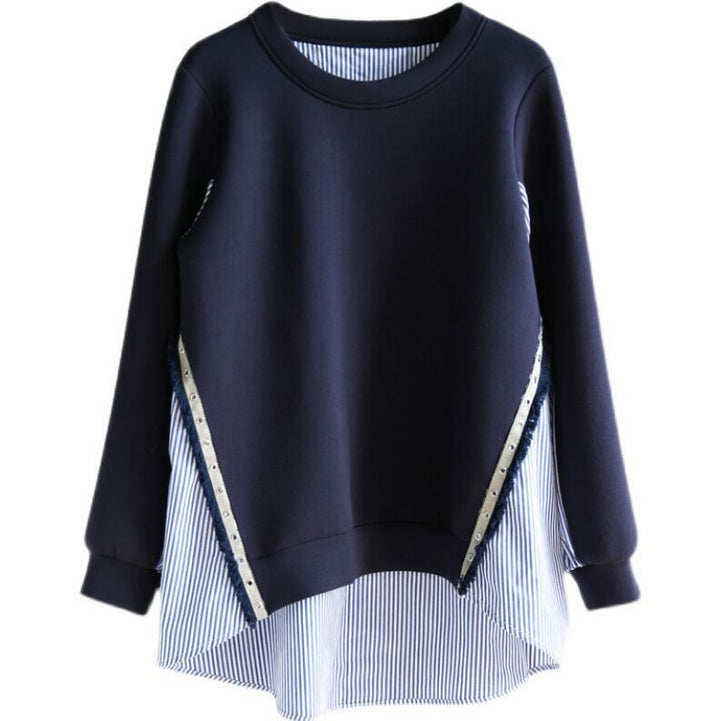 Ladies' layered look sweatshirt with striped shirt hem, decorative strips, and extended back Mune Fashion