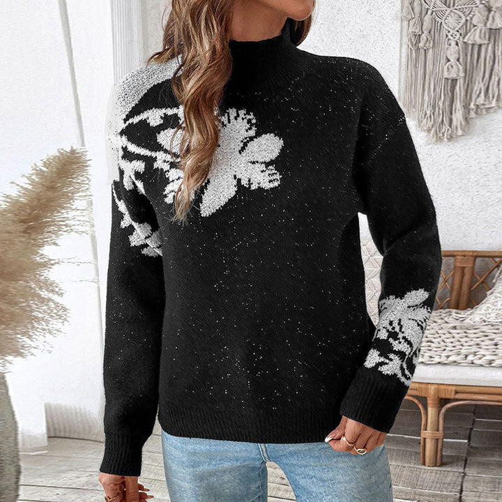 Women’s Floral Intarsia Knit Sweater with Stand-Up Collar and Loose Silhouette Mune Fashion