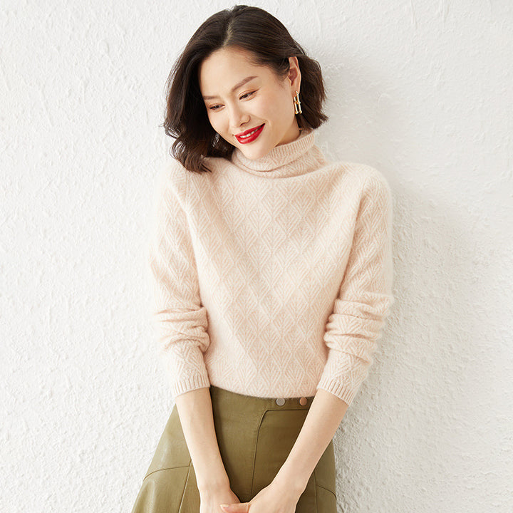 Ladies Luxurious Mohair-Mix Turtleneck Sweater with Diamond Pattern Mune Fashion Openwork Structure Mune Fashion