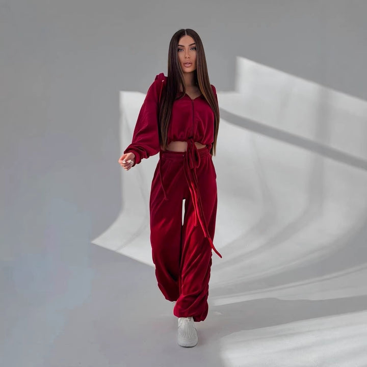 Women's Cropped Hoodie Sweatshirt with Drawstring at Hem and Loose Gathered Lounge Pants Mune Fashion