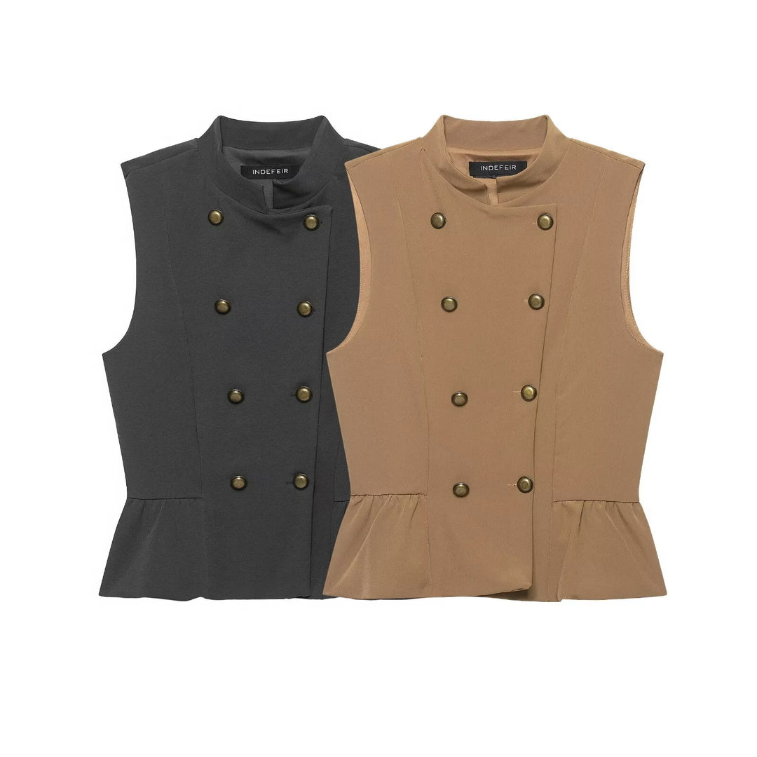 Women Double-Breasted Tailored Vest with Stand-up Collar and Waist Ruffle Mune Fashion