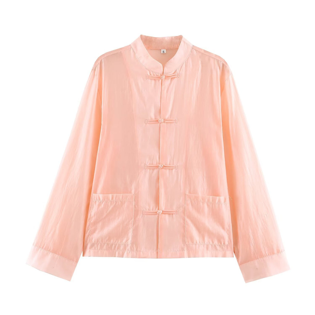 Women's Lightweight Chinese-Inspired Oversized Jacket with Mandarin Collar and Knot Closures Mune Fashion