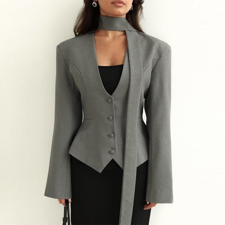 Women Tailored Blazer with Tie Scarf and Fitted Vest Mune Fashion