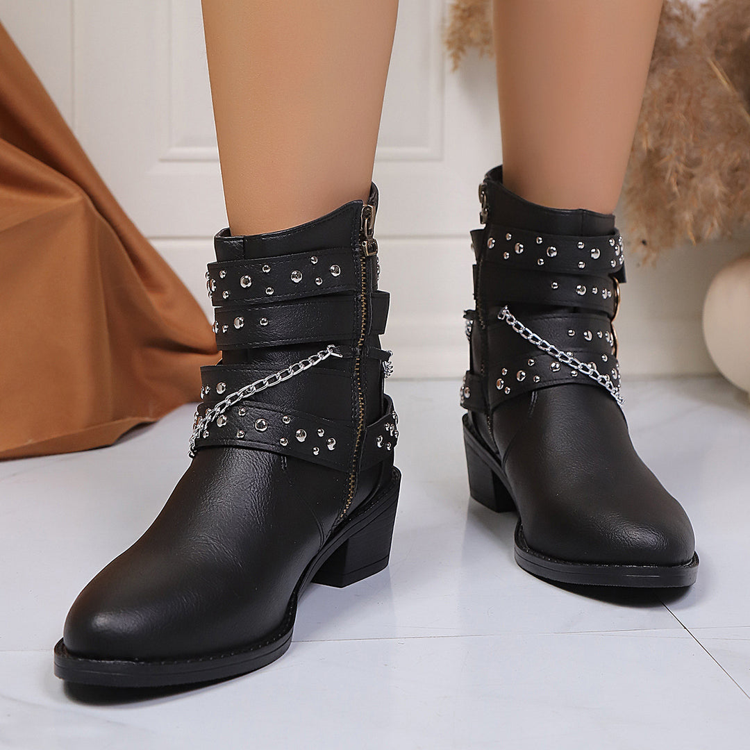 Women’s Studded Ankle Boots with Chain and Buckle Details Mune Fashion