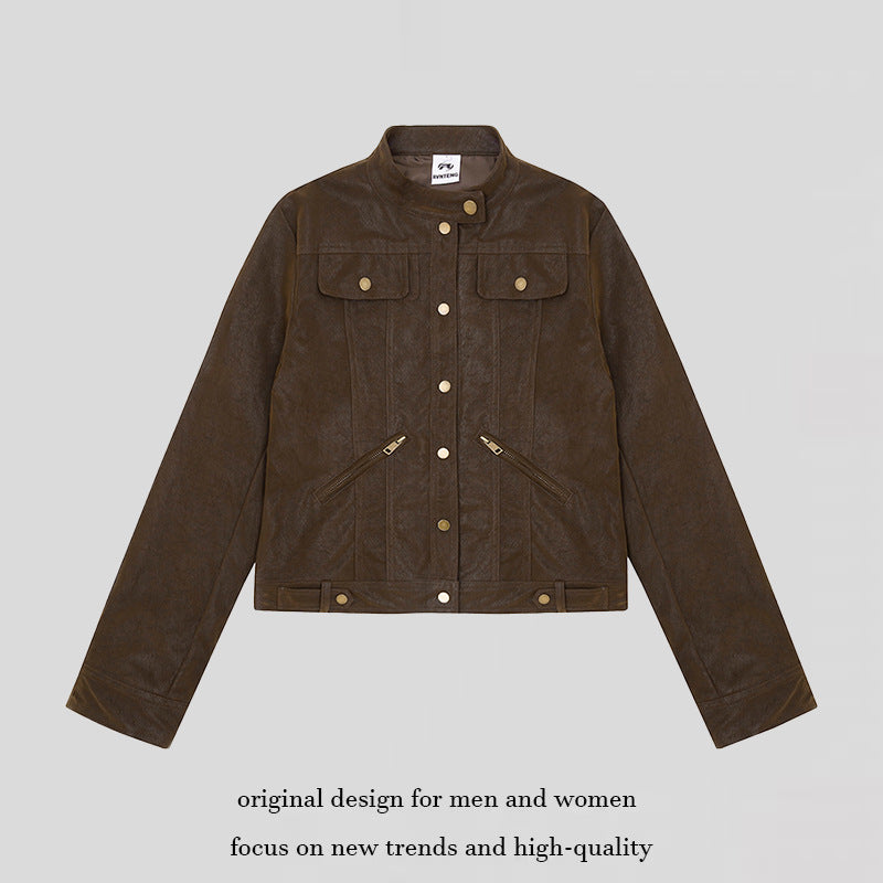 Women Short Cut Faux Leather Jacket in Vintage Moto Style Mune Fashion