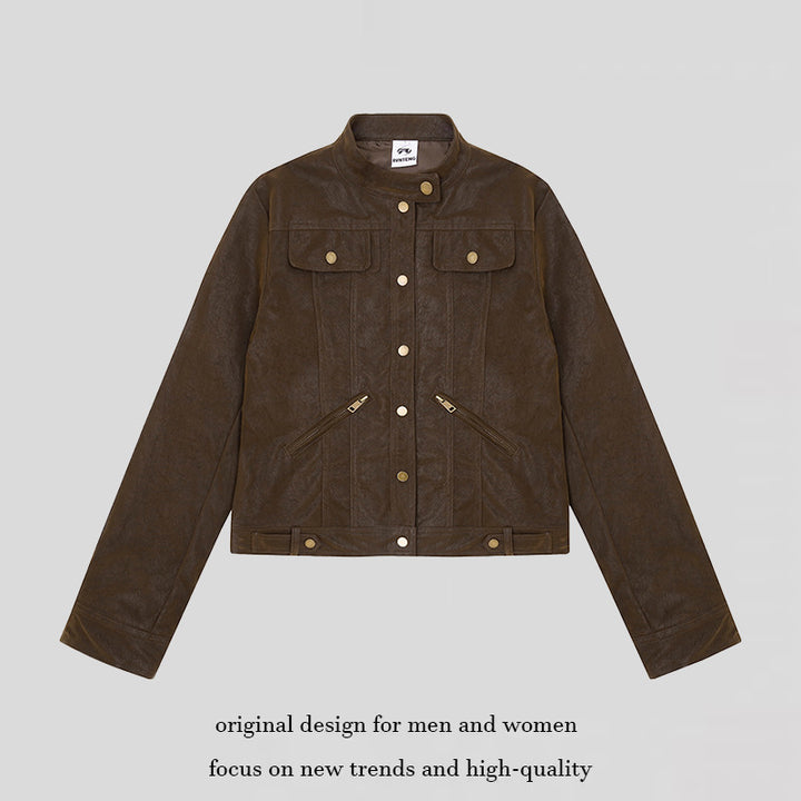 Women Short Cut Faux Leather Jacket in Vintage Moto Style Mune Fashion