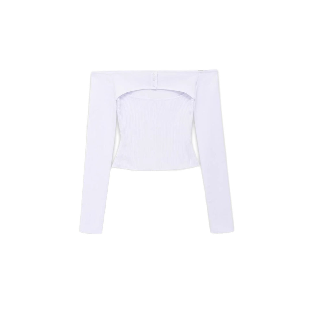 Women Figure-hugging Off-Shoulder Long Sleeve Top with Integrated Bolero and Fine Knit Rib Structure Mune Fashion