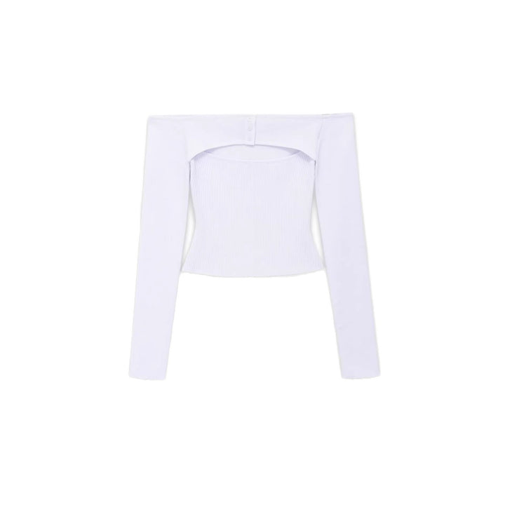 Women Figure-hugging Off-Shoulder Long Sleeve Top with Integrated Bolero and Fine Knit Rib Structure Mune Fashion