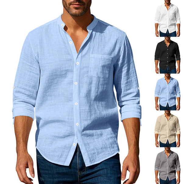 Men's linen-cotton shirt with stand-up collar, roll-up sleeves, and chest pocket Mune Fashion
