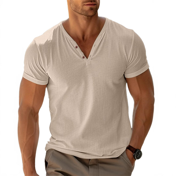 Men's fitted Henley T-shirt with V-neck, short button placket and roll-up sleeves Mune Fashion