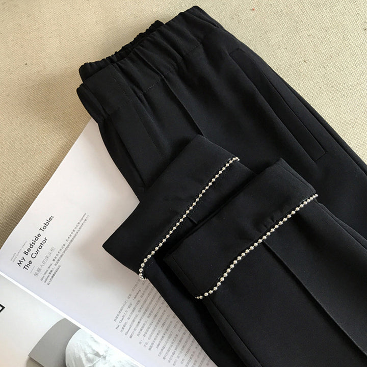 Women's Elegant Chino Pants with Decorative Pearl Details Mune Fashion