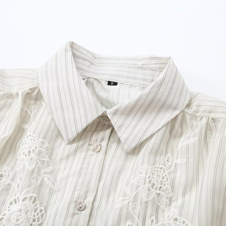Women's Striped Blouse with Delicate Lace Embroidery and 3/4 Balloon Sleeves