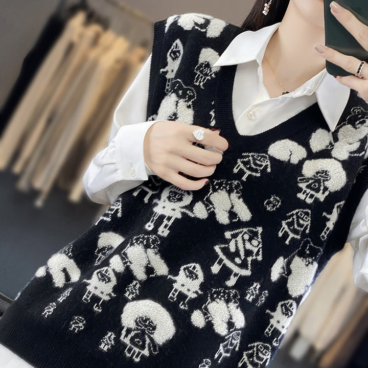 Women's Oversized Knitted Vest with V-Neck and Playful Jacquard Design Mune Fashion