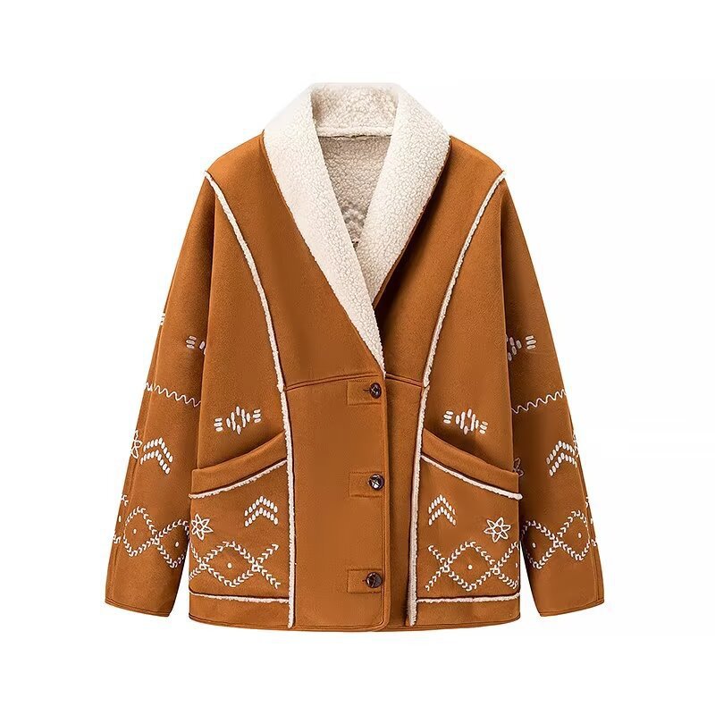 Women's Short Suede Jacket with Teddy Lining and Decorative Embroidery Mune Fashion