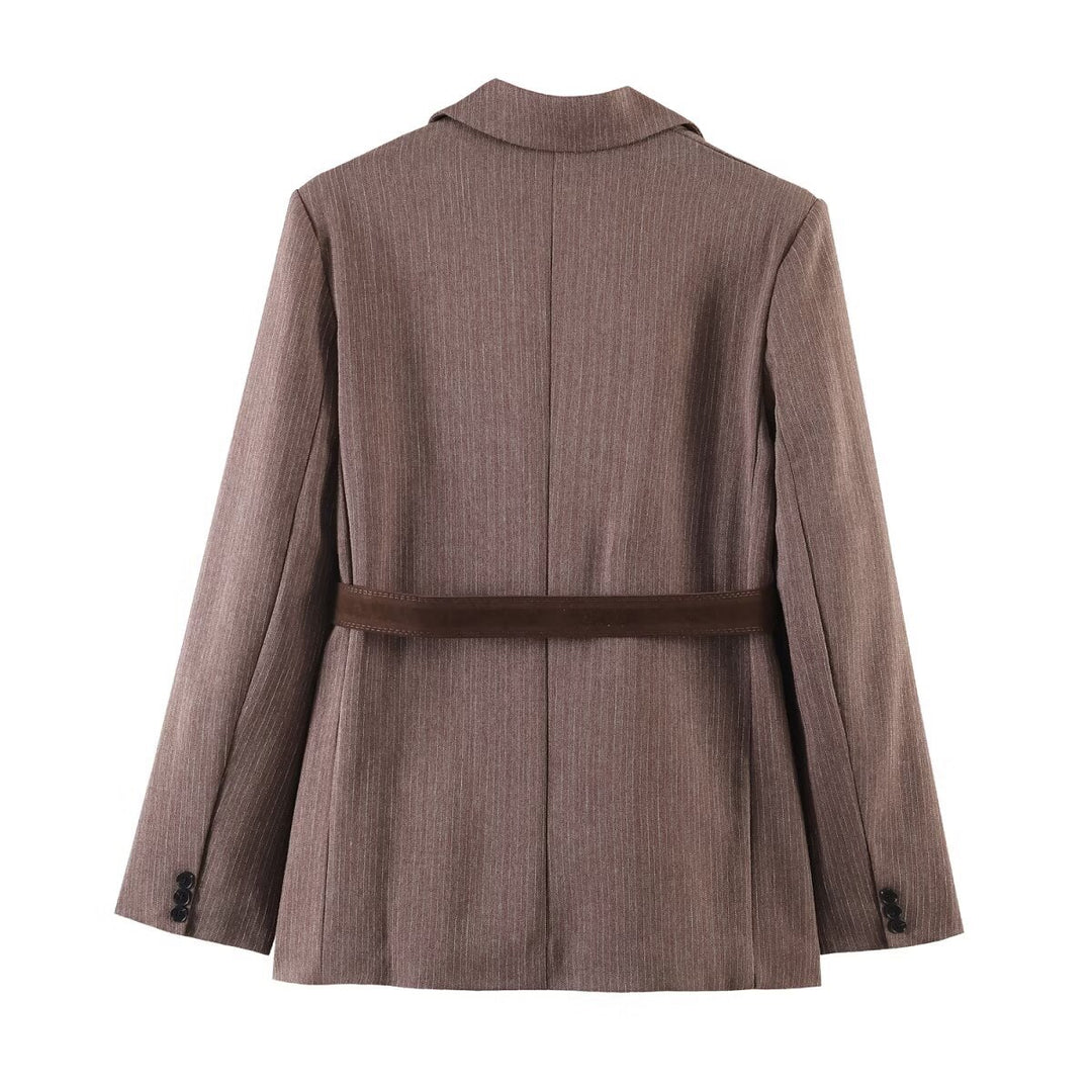Women Tailored Single-breasted Blazer with Belt and Tonal Pinstripe Mune Fashion