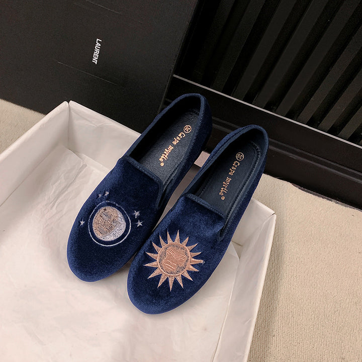 Ladies Velvet Slippers with Sun Embroidery and Gold Heel Cap Mune Fashion