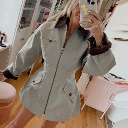 Women's Oversize Jacket in Leather Look with Contrasting Shirt Collar and Zipper Mune Fashion