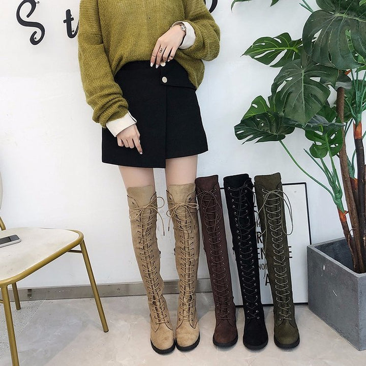 Women Knee-high Lace-up Boots with Continuous Lacing Made of Velour Imitation and Slip-resistant Profile Sole Mune Fashion