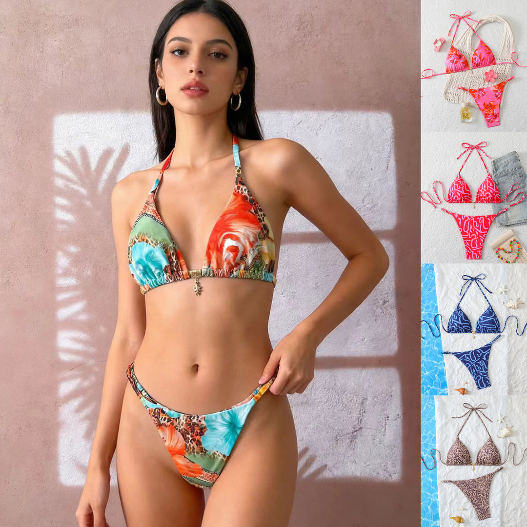 Women's Triangle Bikini Set with Adjustable Straps and Floral Patterns Mune Fashion