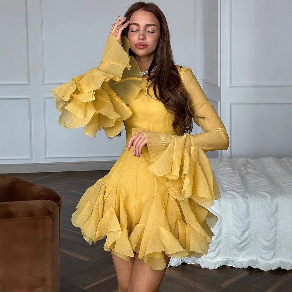 Ladies Ruffled Chiffon Mini Dress with Ruffles and Transparent Sleeves Mune Fashion