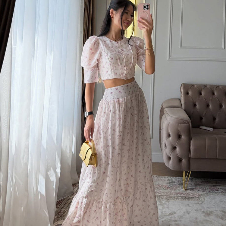 Women's Two-Piece Chiffon Set with Cropped Puff Blouse and Tiered Maxi Skirt Mune Fashion